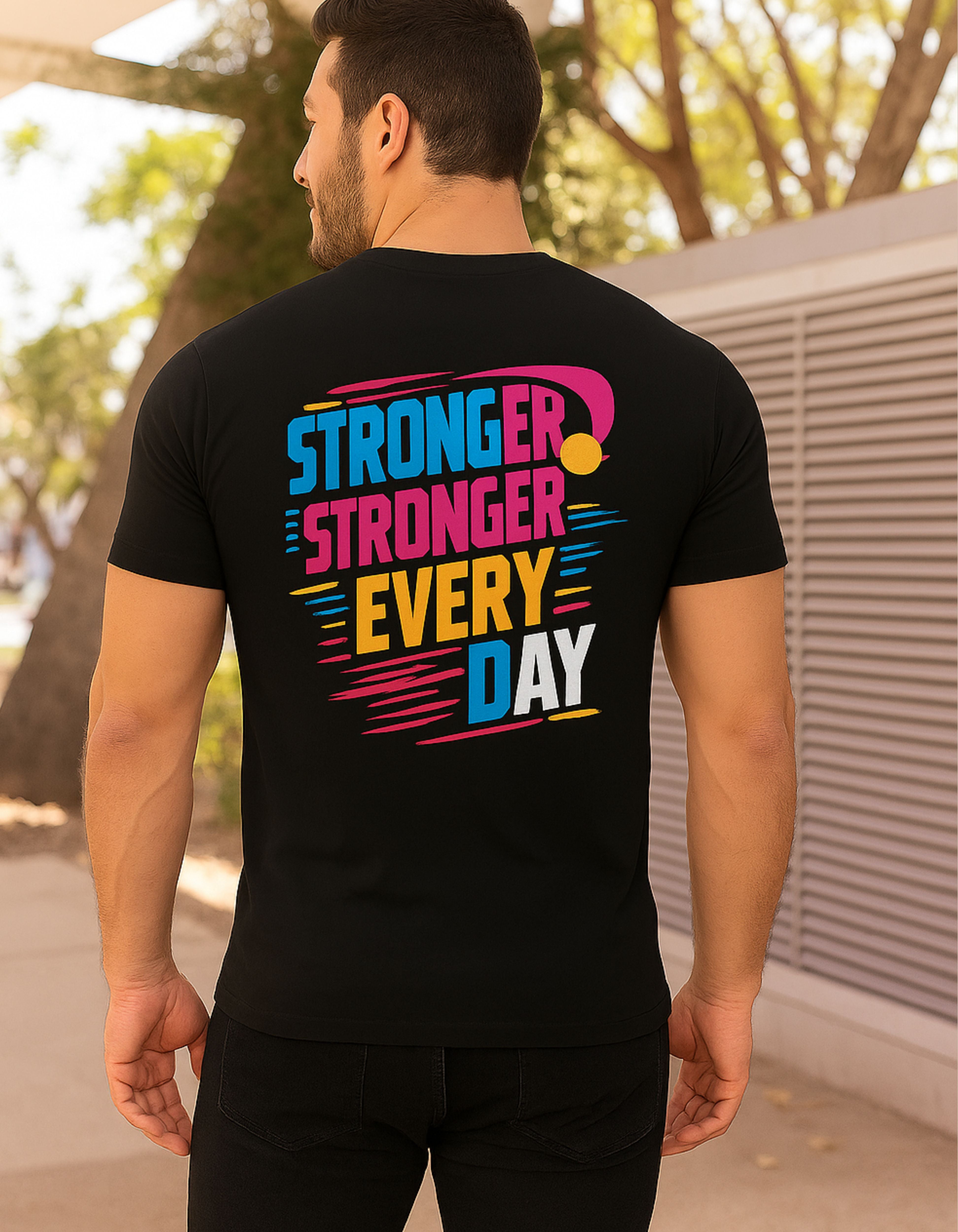 Back view of the Black T-Shirt with 'Haumi’s' Brand displaying vibrant motivational text: 'Stronger. Stronger. Every Day.' from My Store.
