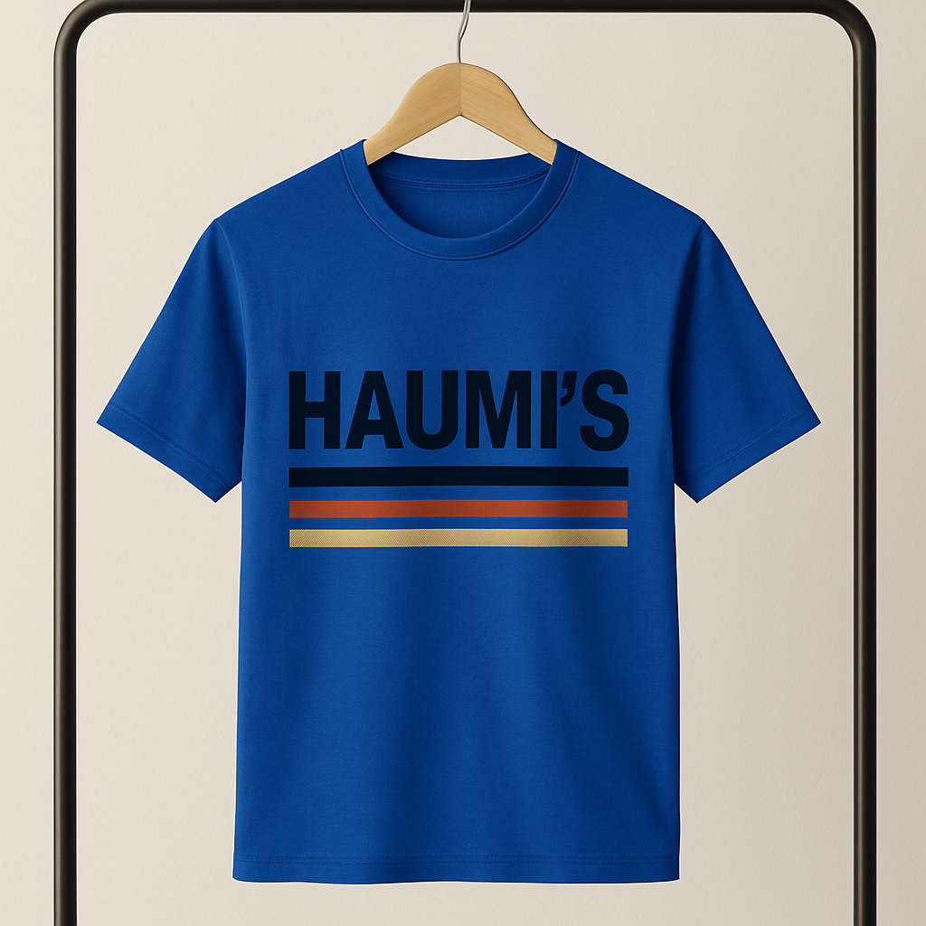 A hanging HAUMI'S Oversized Retro Stripe Tee on a hanger in blue, showcasing the oversized design with stripes. Made in Germany by My Store.