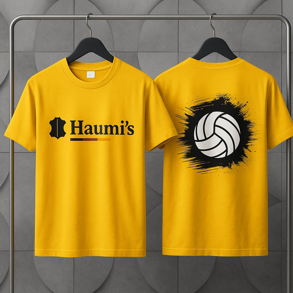 Front and back view of a yellow volleyball-themed t-shirt by HAUMIS, featuring bold graphics and a modern style.