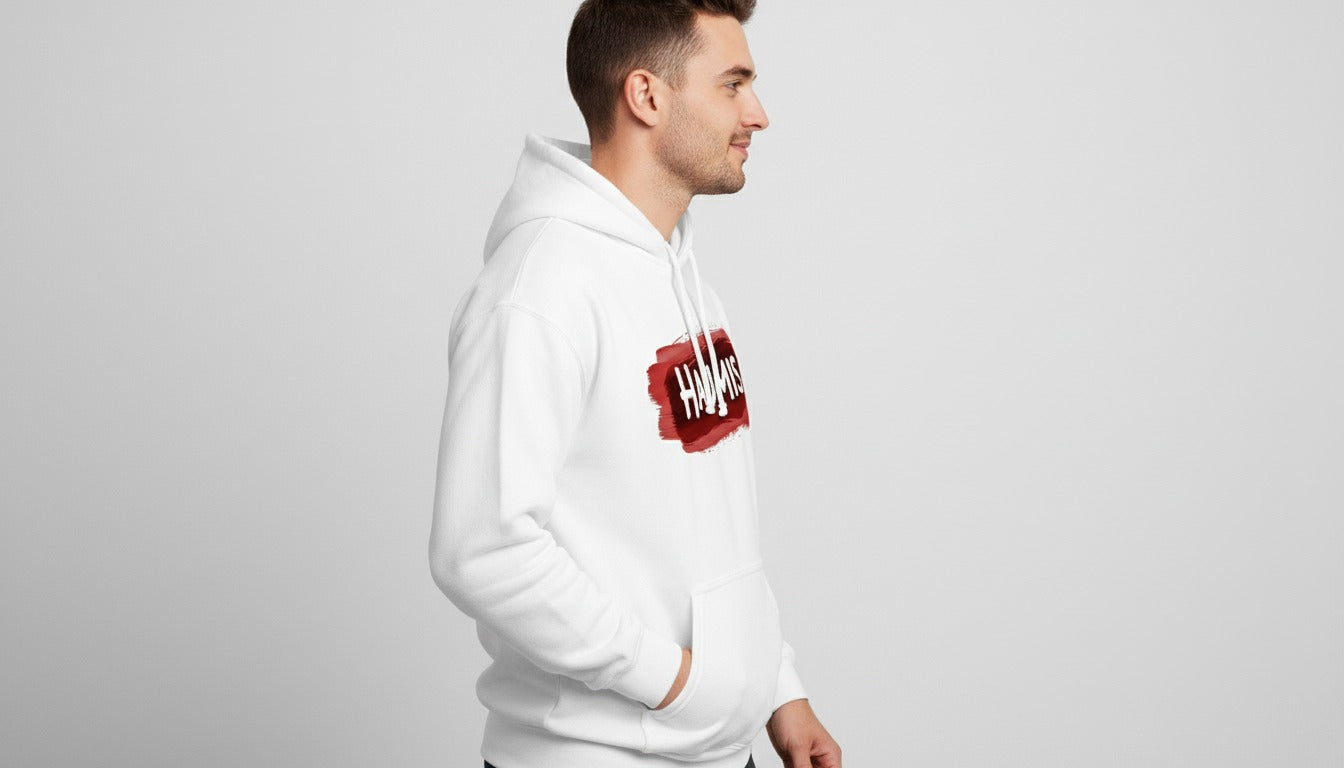 Haumis Signature White Hoodie – Bold Red Brush Design