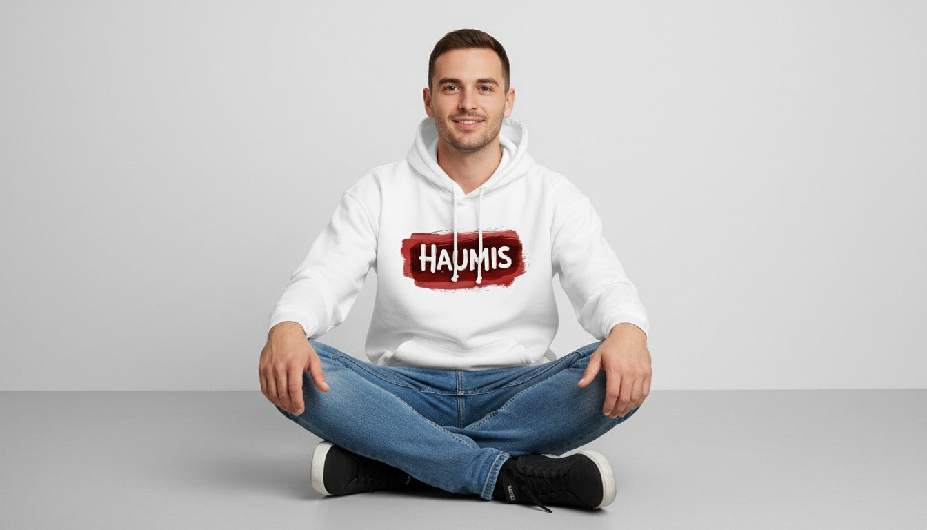 Haumis Signature White Hoodie – Bold Red Brush Design
