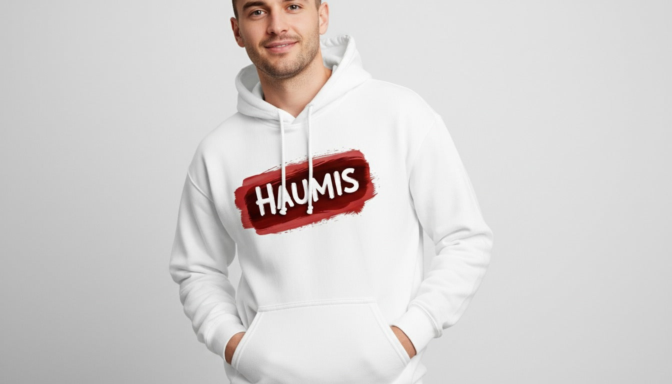 Haumis Signature White Hoodie – Bold Red Brush Design