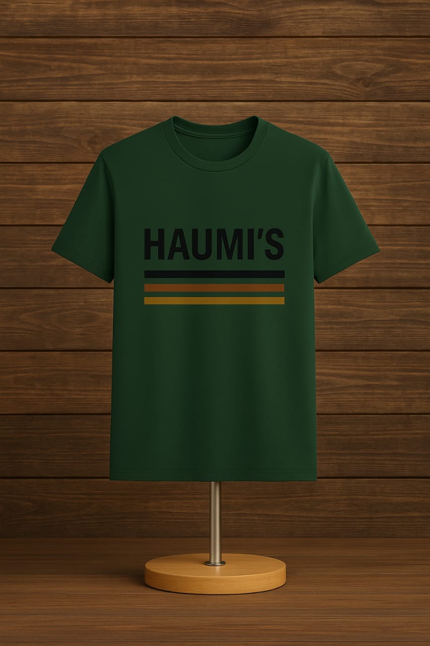 A HAUMI'S Oversized Retro Stripe Tee presented on a stand in green, featuring black and olive stripes, made from 100% Premium Cotton by My Store.