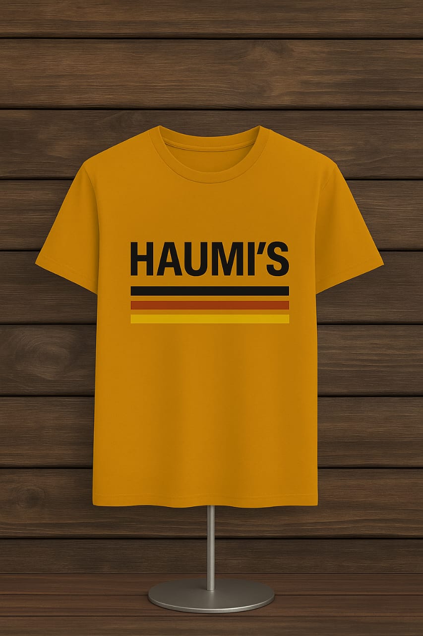 A HAUMI'S Oversized Retro Stripe Tee on display in vibrant yellow with black and rust stripes. 100% Premium Cotton, designed by My Store.