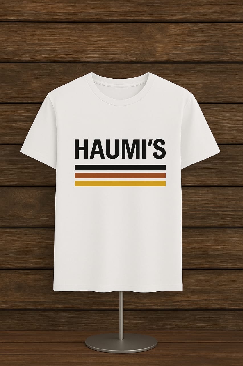 A HAUMI'S Oversized Retro Stripe Tee displayed on a stand in white, featuring black and mustard yellow stripes. Crafted from premium cotton by My Store.