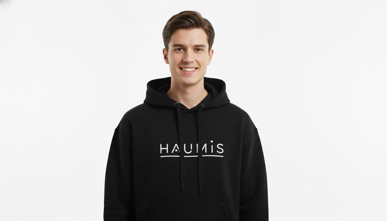 Haumis Black Hoodie – Minimalist Line Logo