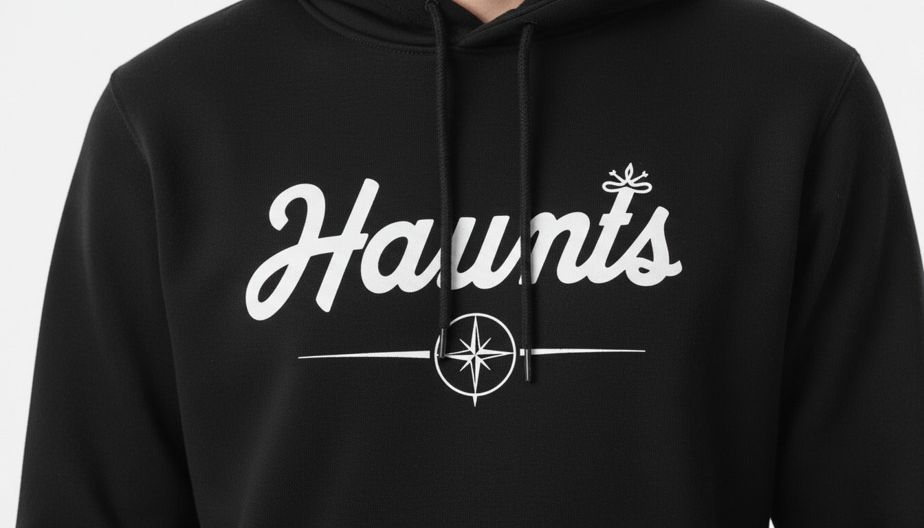 Haumis “Haunts” Black Hoodie – Premium Streetwear with Compass Emblem