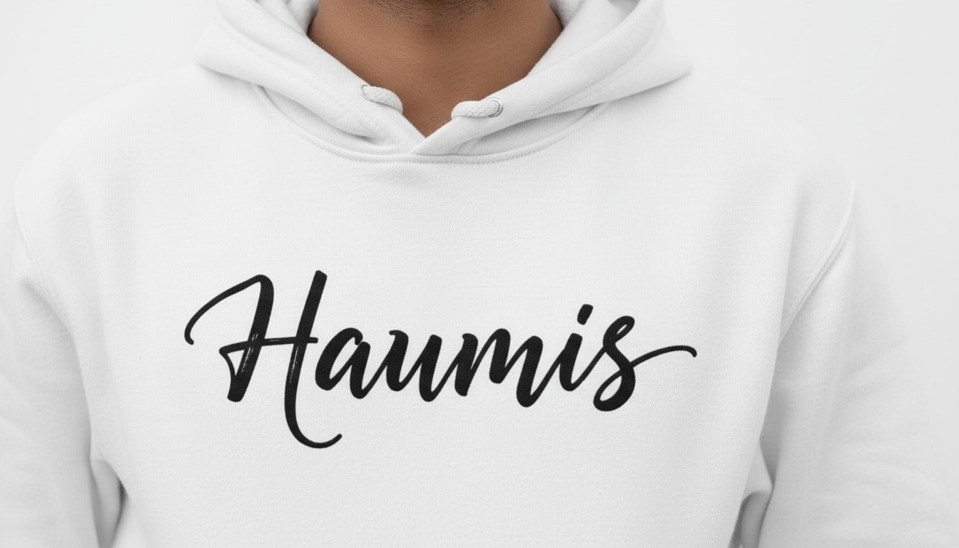Haumis Classic White Hoodie – Minimalist Script Logo