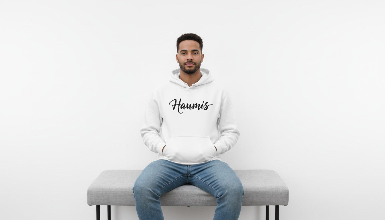 Haumis Classic White Hoodie – Minimalist Script Logo