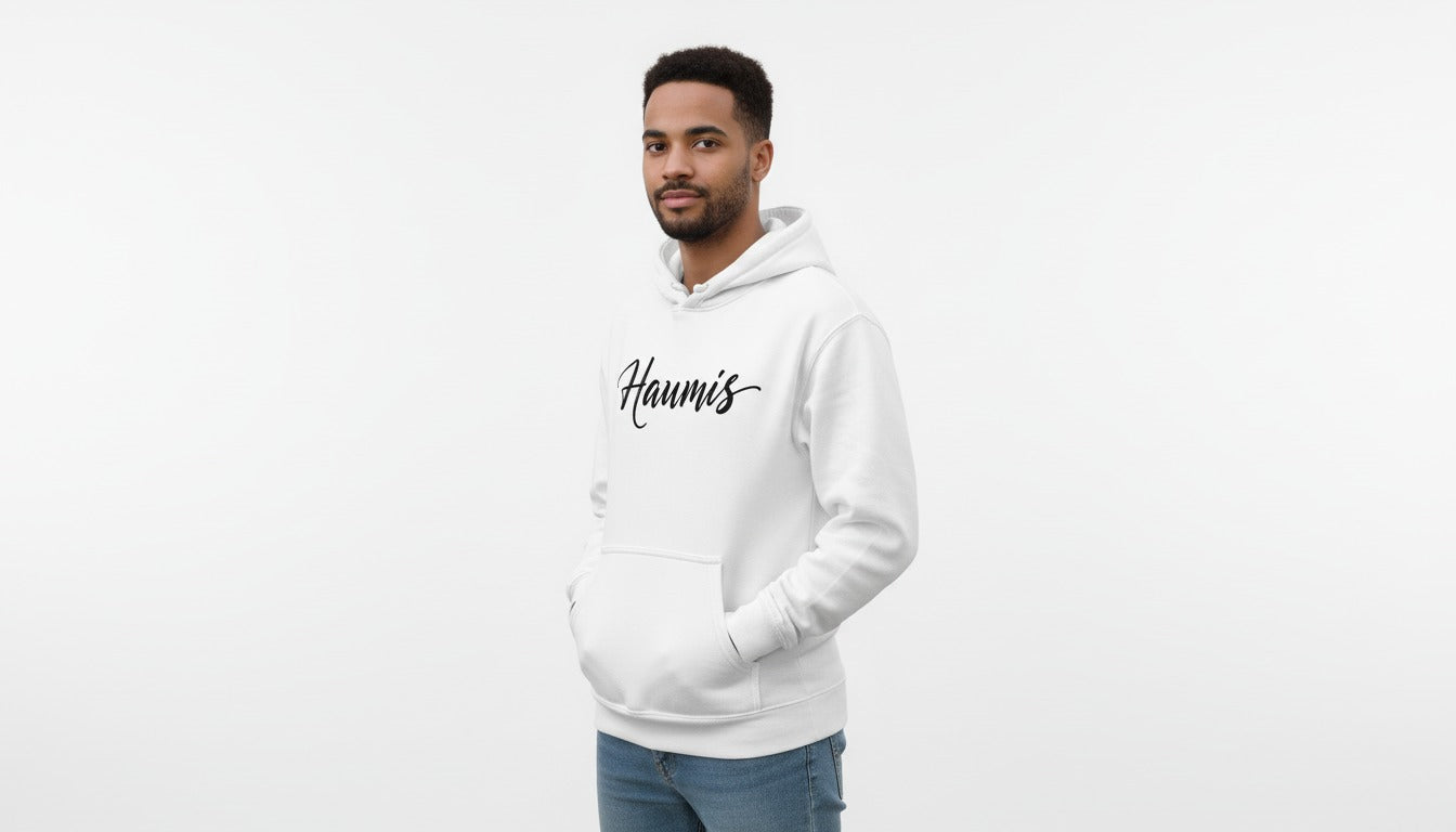 Haumis Classic White Hoodie – Minimalist Script Logo