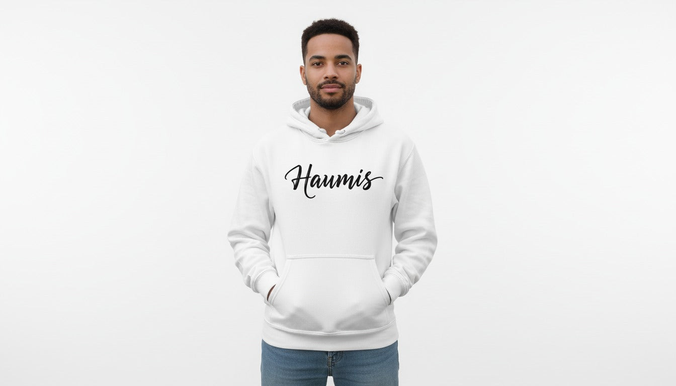 Haumis Classic White Hoodie – Minimalist Script Logo